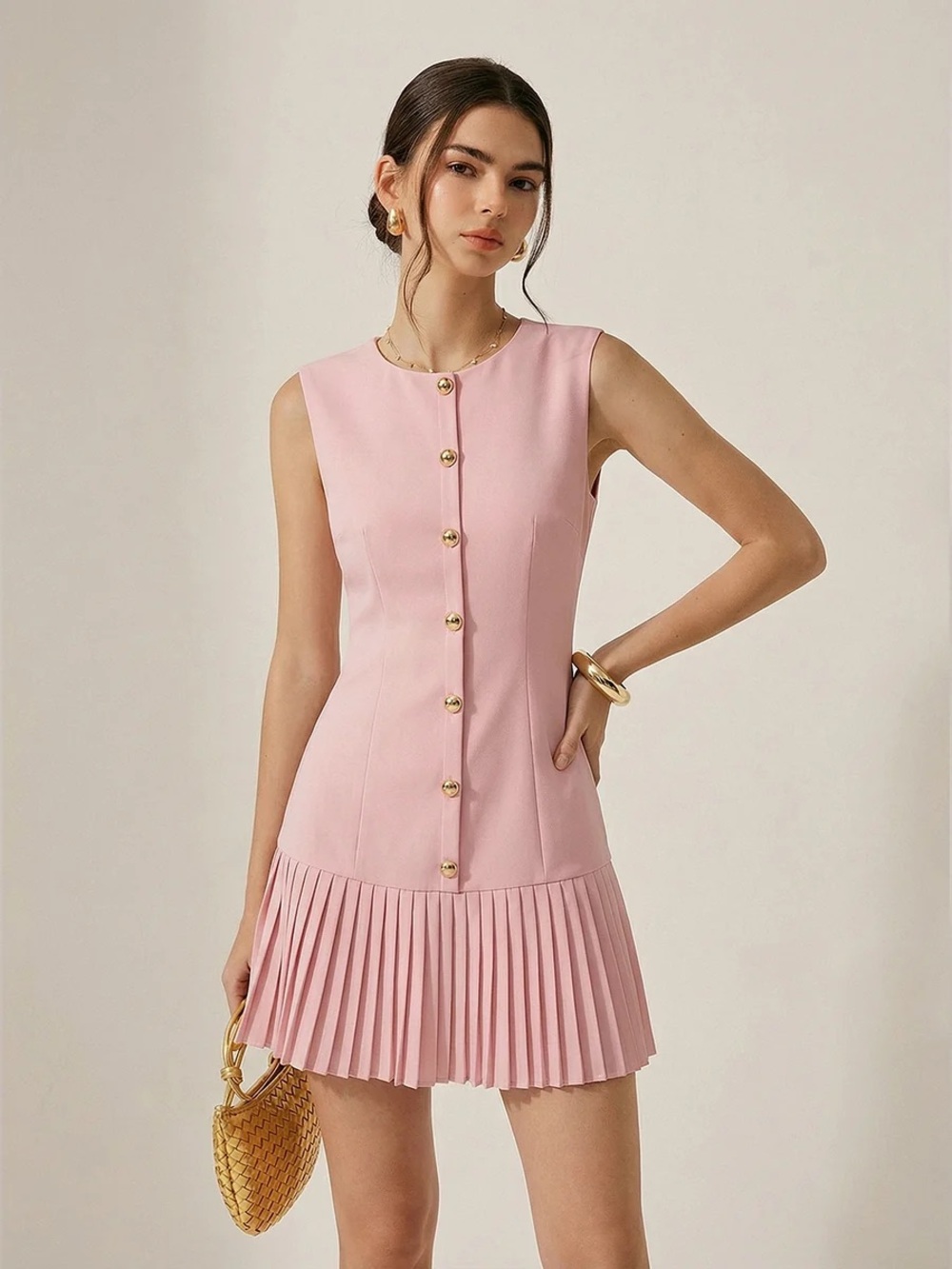 COMMENSE Pink Gold Button Pleated Midi Dress Size S